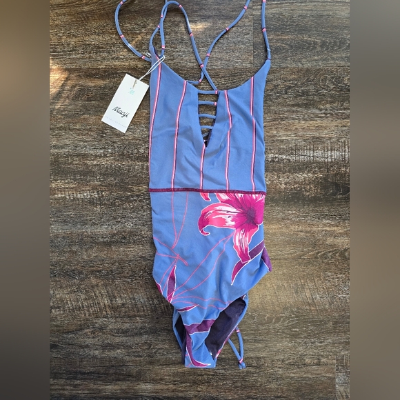 Maaji Womens Reversible One Piece Swimsuit Solid Purple/Striped Floral Blue NWT - Picture 1 of 6